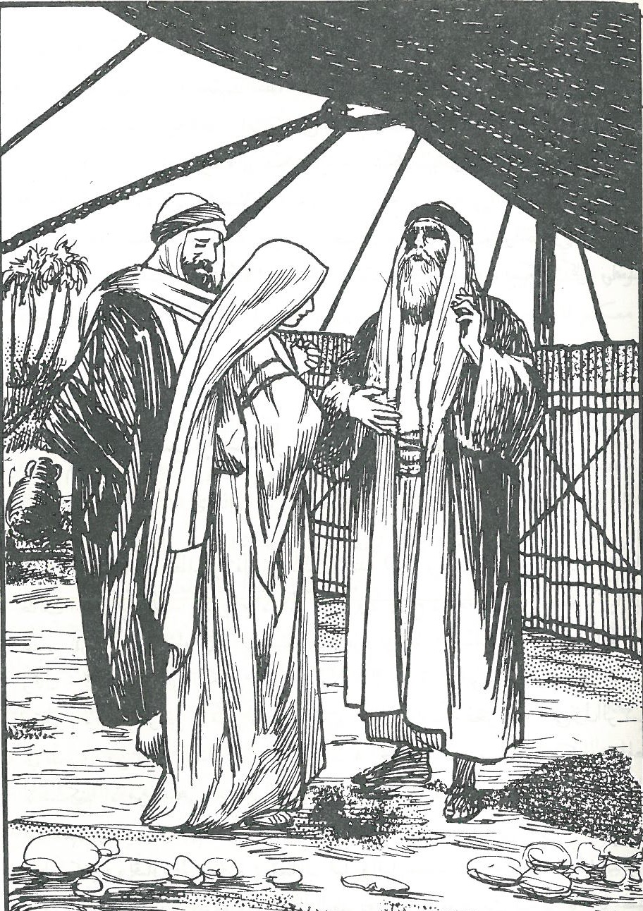 Halimah al-Sa‘diyah standing before the astrologer at Dhil Majaz market
