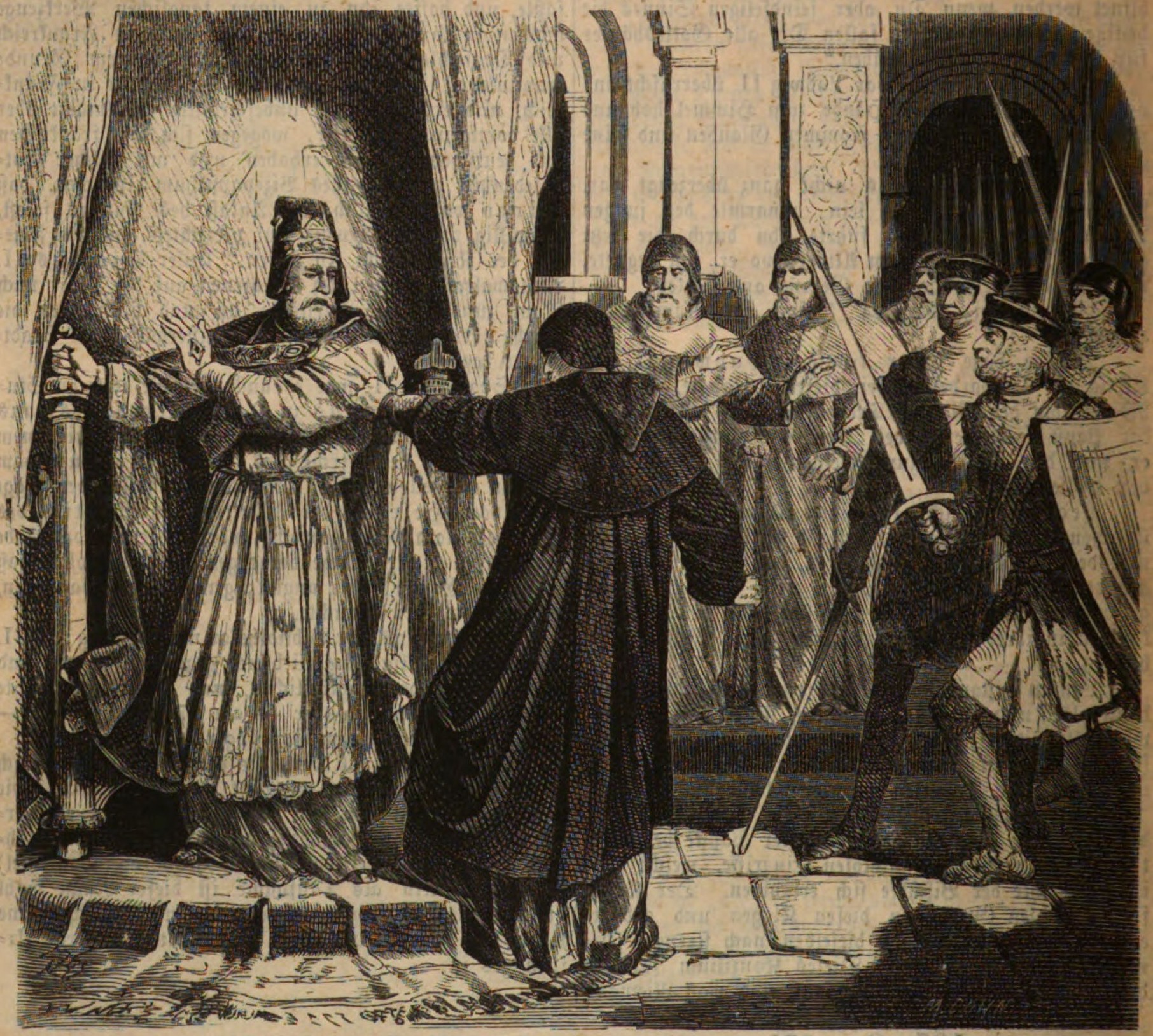 Cardinal Anastasius tears the papal mantle from Benedict III's shoulders
