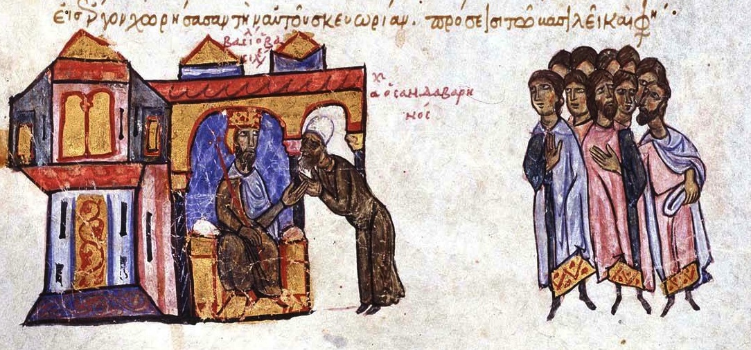 Santabarenos the monk betrays the fact that prince Leo carries a knife to his father, Emperor Basil I