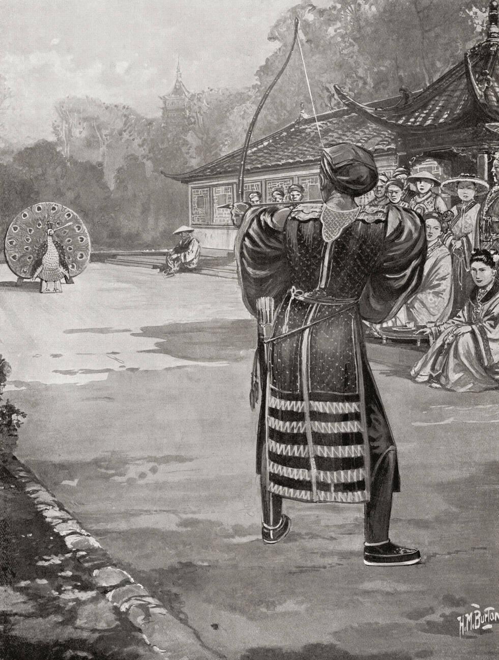 Li Yuan winning his wife at a shooting contest, the target was painted to resemble a peacock and both its eyes were put out by his arrows