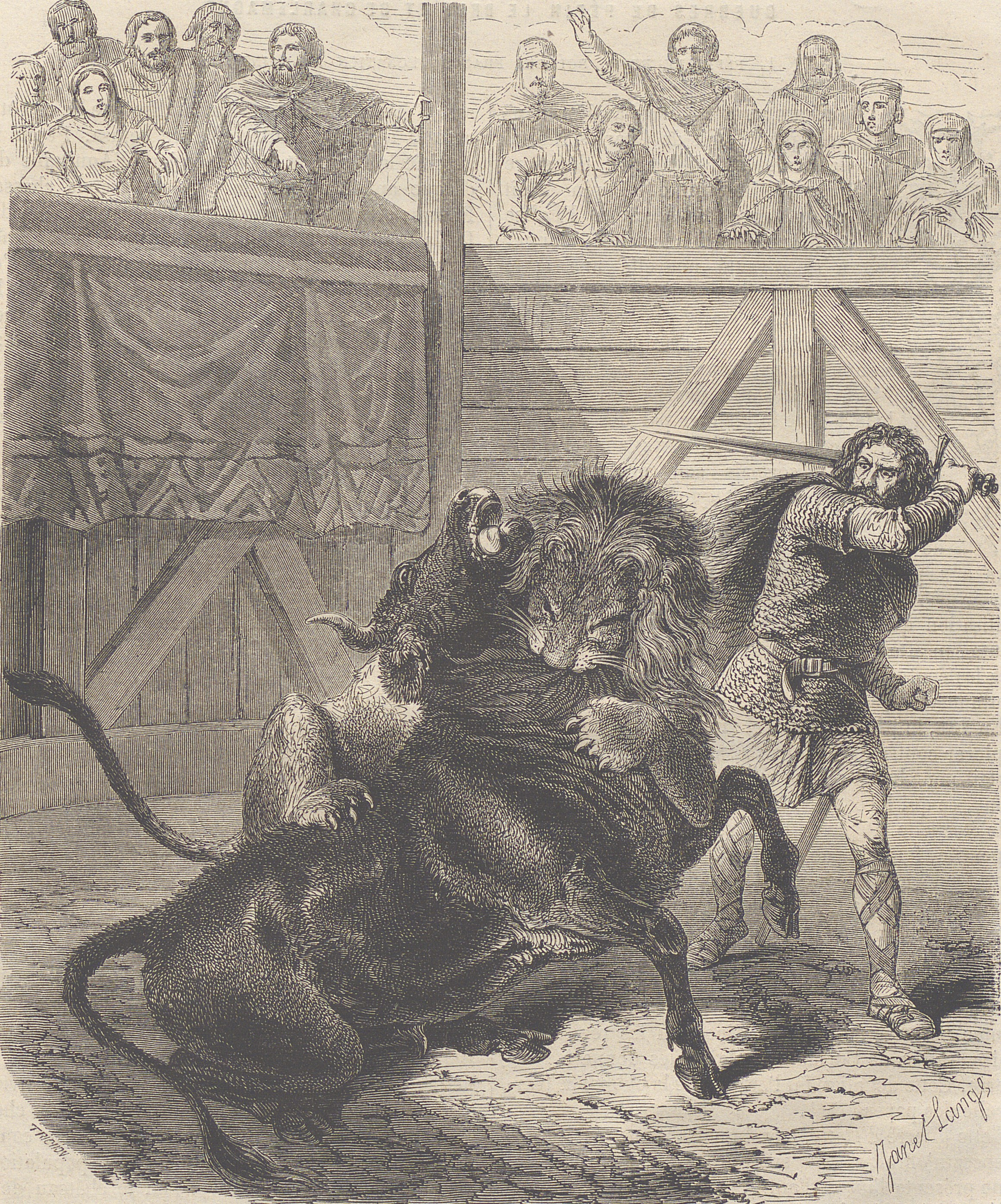 Pepin the Short fighting a lion and a bull
