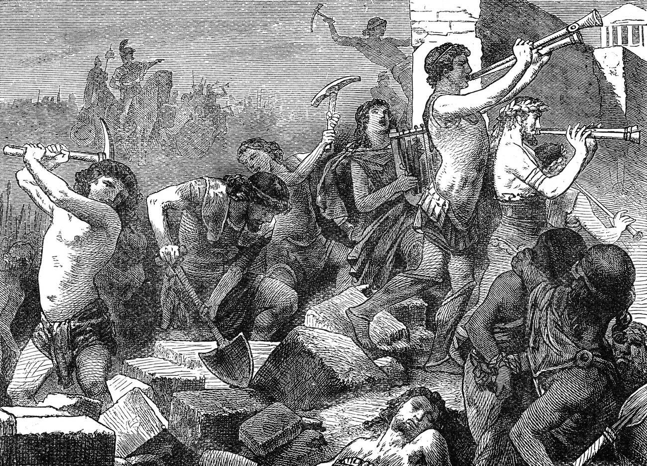 Lysander is breaching the walls of Athens