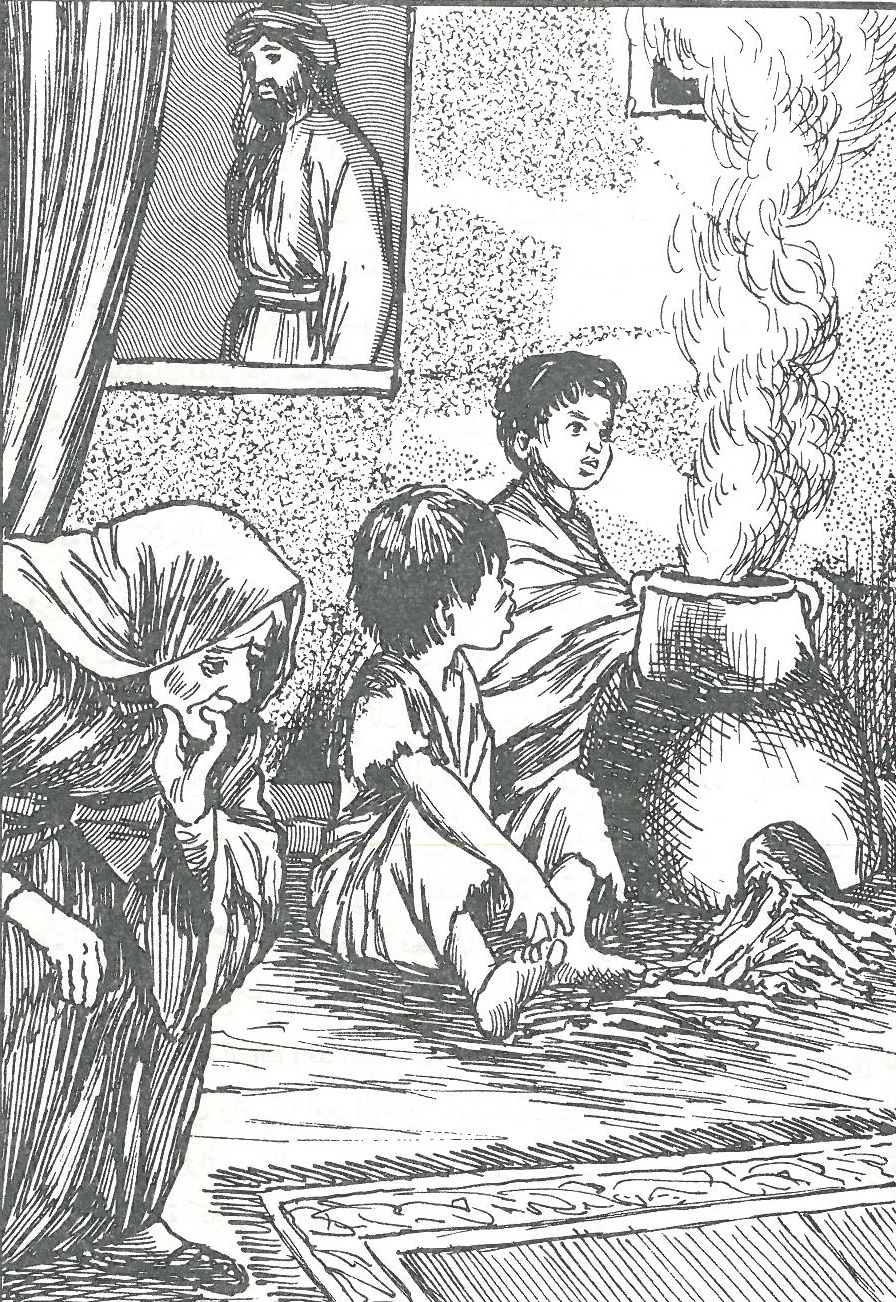 Caliph Umar bin Al Khattab walks by the old woman and her hungry children's house