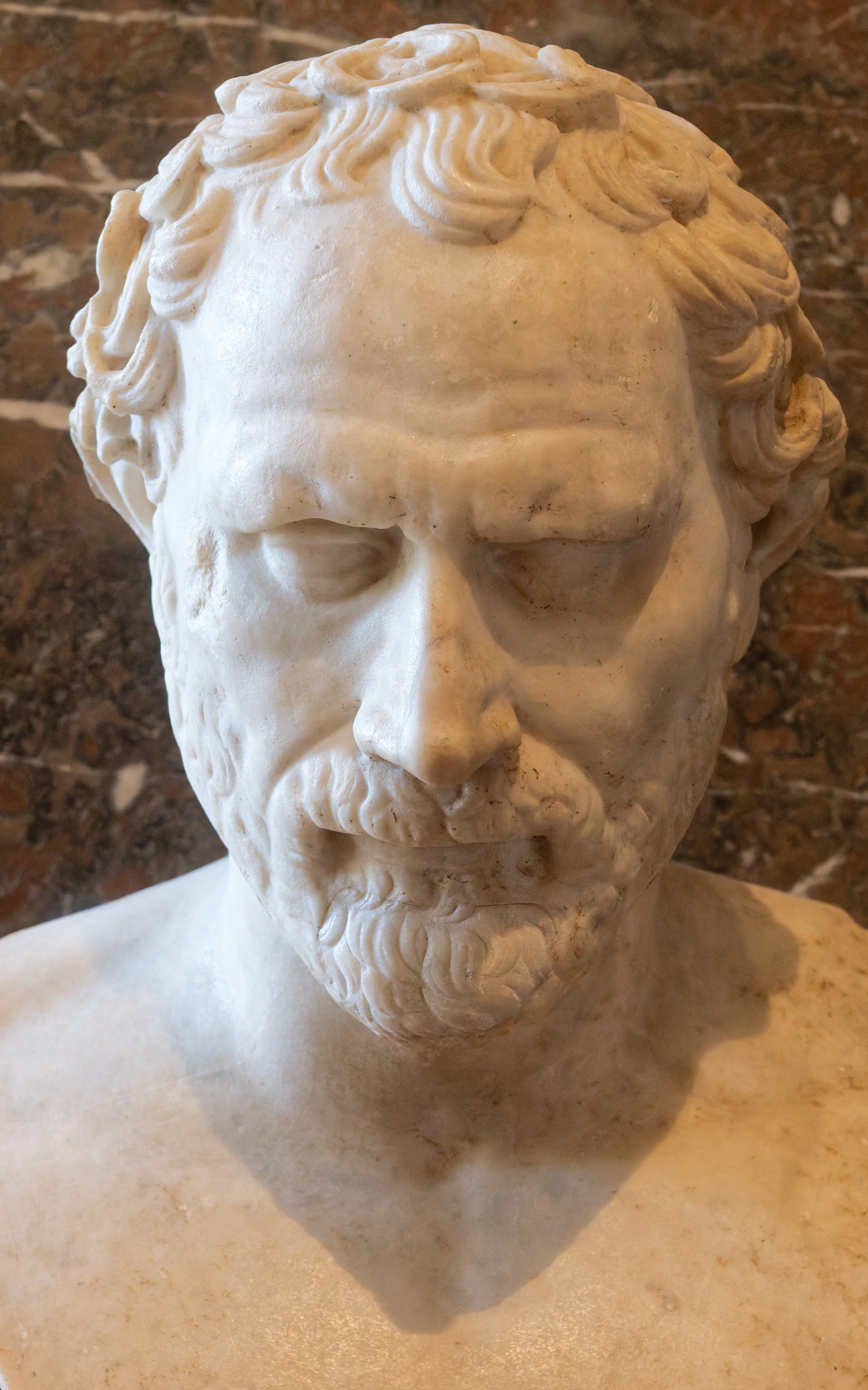 Portrait of Demosthenes. Marble, Roman artwork of the 2nd century CE  after a Greek bronze original ca. 280 BC