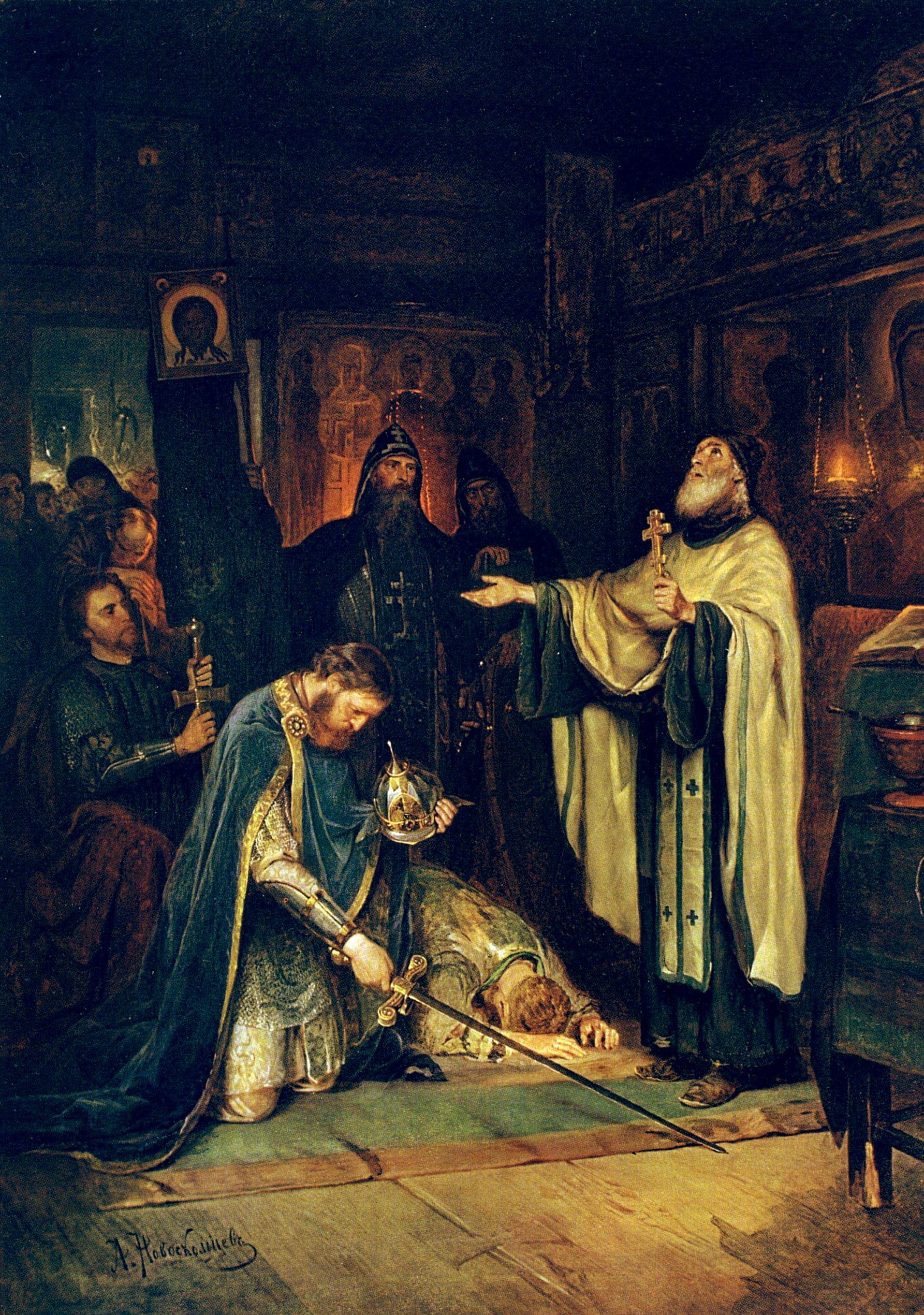Saint Sergius blesses Grand Duke Dmitry Donskoy for the campaign against the army of Mamai.