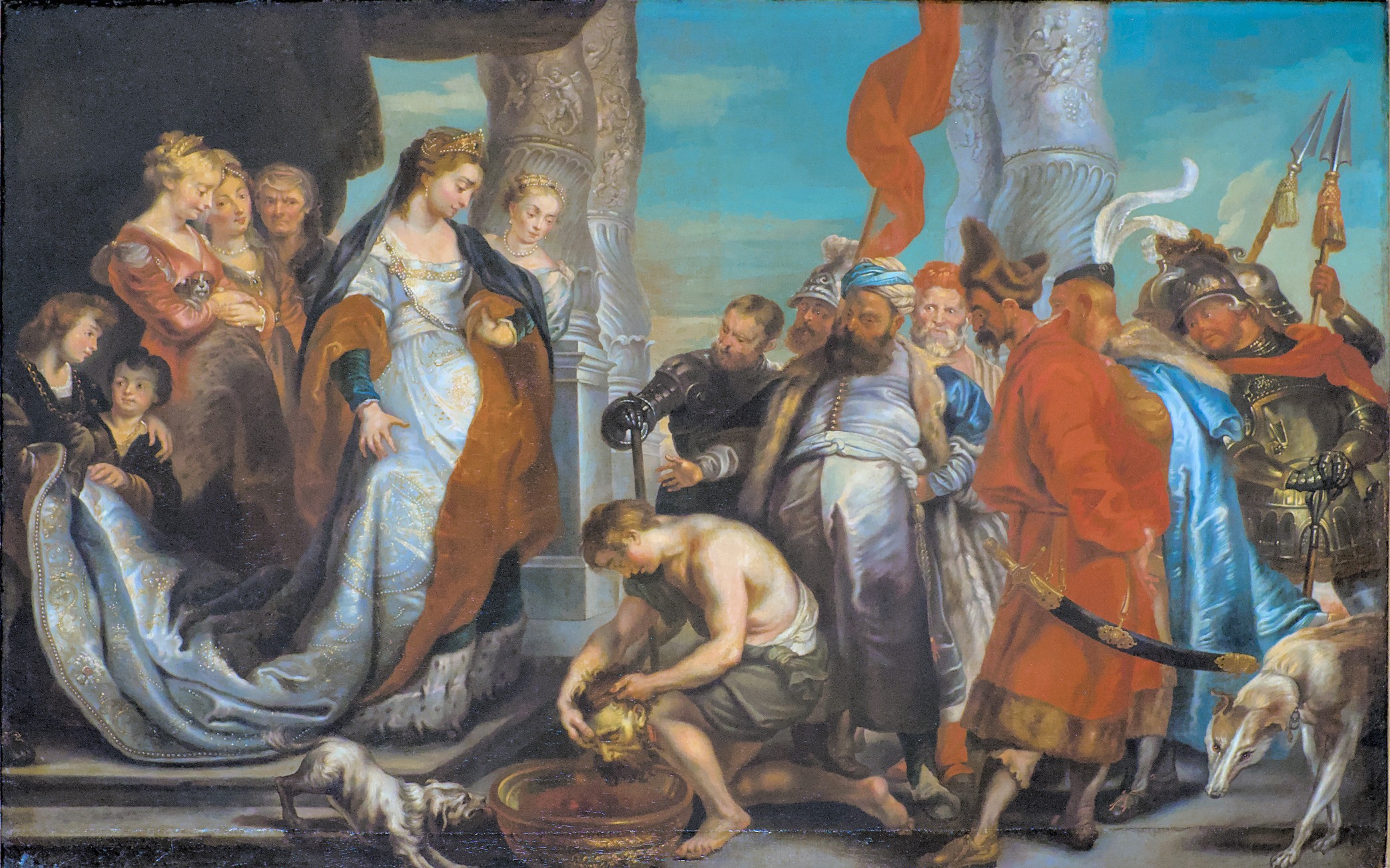 Tomyris, Queen of the Massagetae, plunges the head of Cyrus into a vase filled with blood, by Charles Antoine Coypel (after Rubens)