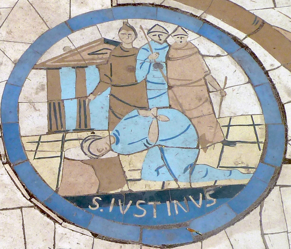 Beheading of St. Justin Martyr. Mosaic in courtyard of the Church of the Beatitudes (1930s).
