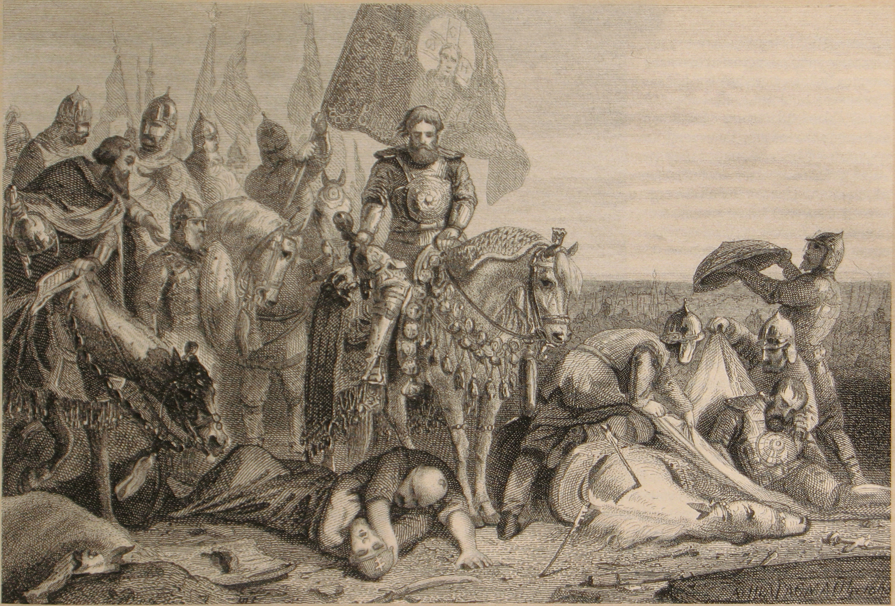 Dmitry Donskoy (on horseback), Peresvet and Chelubey (killed) on the Kulikovo Field