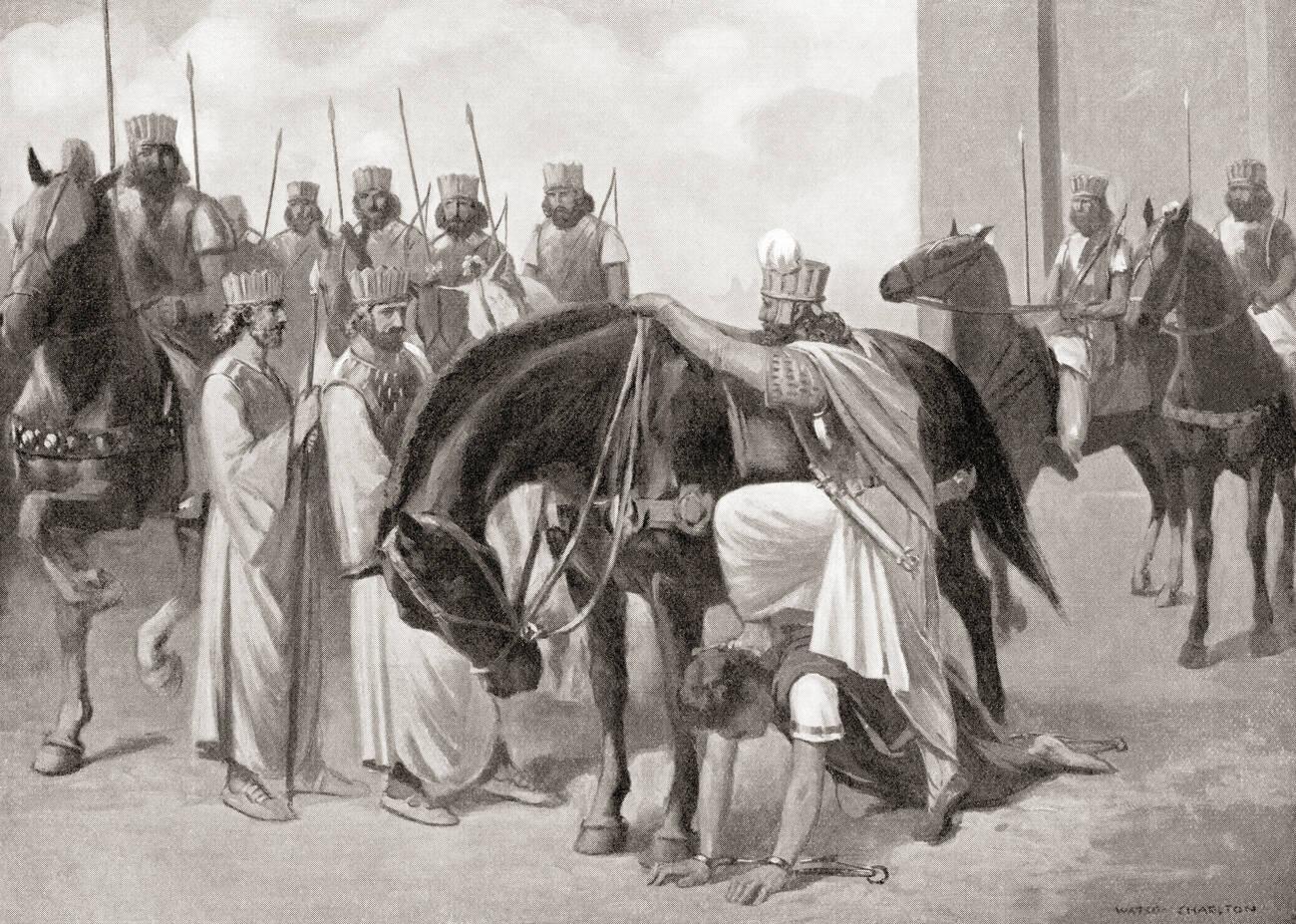 Valerian humiliated as he is used as a stepping-stone for Shapur mounting his horse.