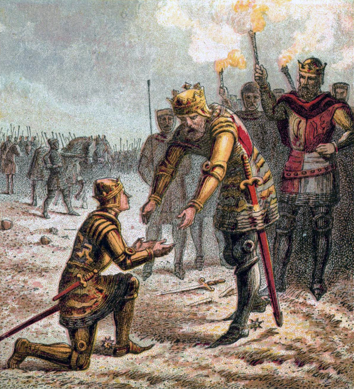 Edward III of England receives his son for the success of Battle of Crécy