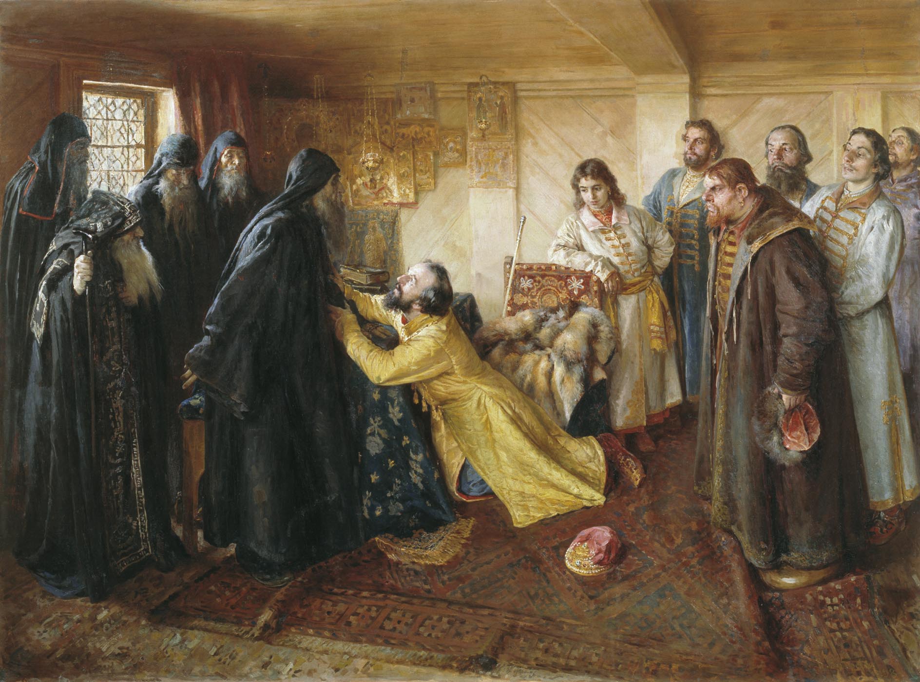 Tzar Ivan the Terrible asks Abbot Cornelius to mow him to the monks Klavdy Lebedev