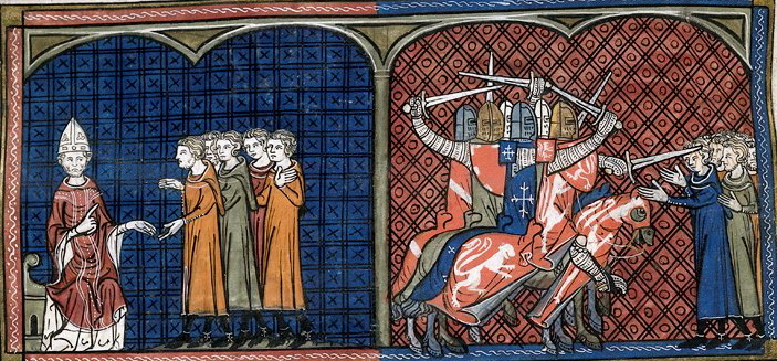 Innocentius III excom the Albigensians (left), Massacre of Albigensians (right)